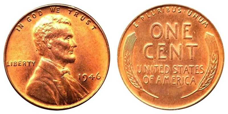 1946 Lincoln Wheat Penny obverse showing Abraham Lincoln portrait and reverse showing wheat stalk design — the last shell case cent made from recycled WWII ammunition