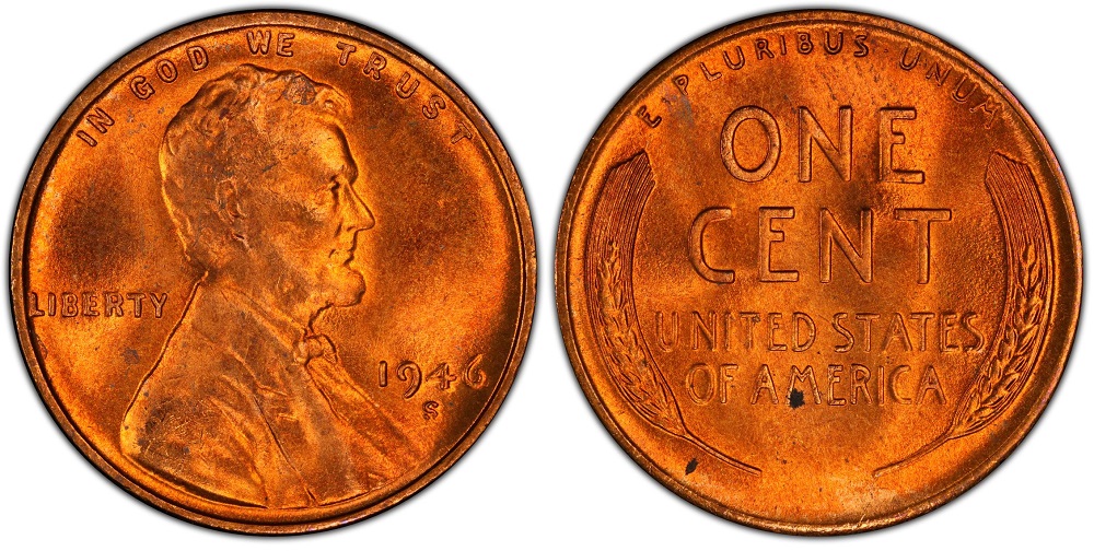 1946-S Inverted Mintmark FS-501 wheat penny under 10x magnification showing S with bulbous serif at top instead of bottom — an extremely rare 1946 variety worth $468+ in MS-66 RD