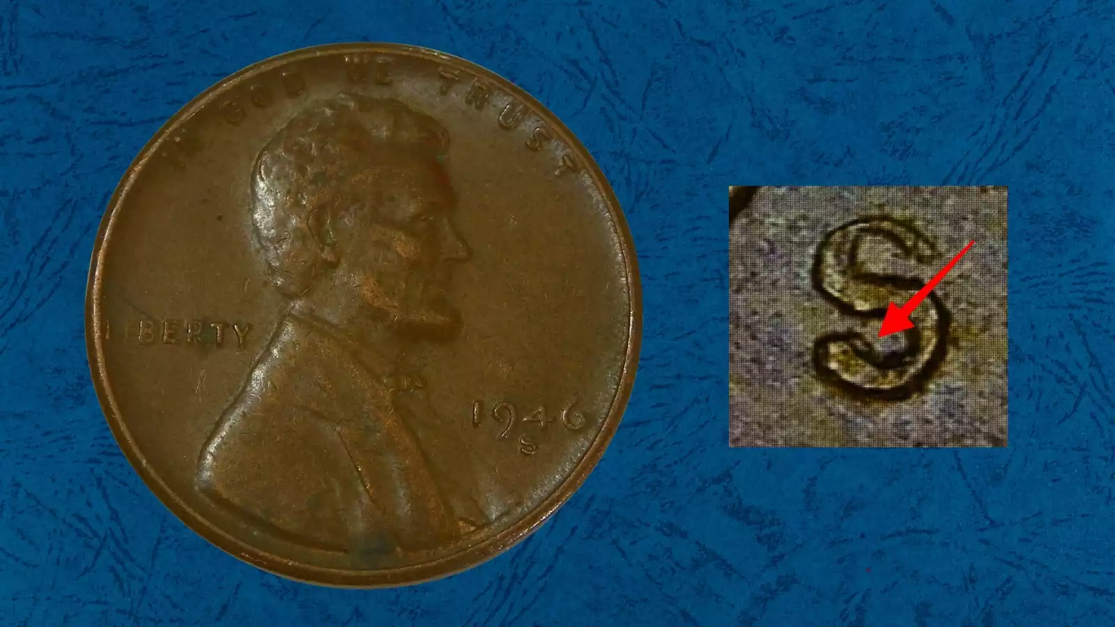 1946-S wheat penny RPM S/S North (RPM #3) variety under 10x magnification showing secondary S impression visible above the primary S — the most desirable repunched mintmark of the 1946 series