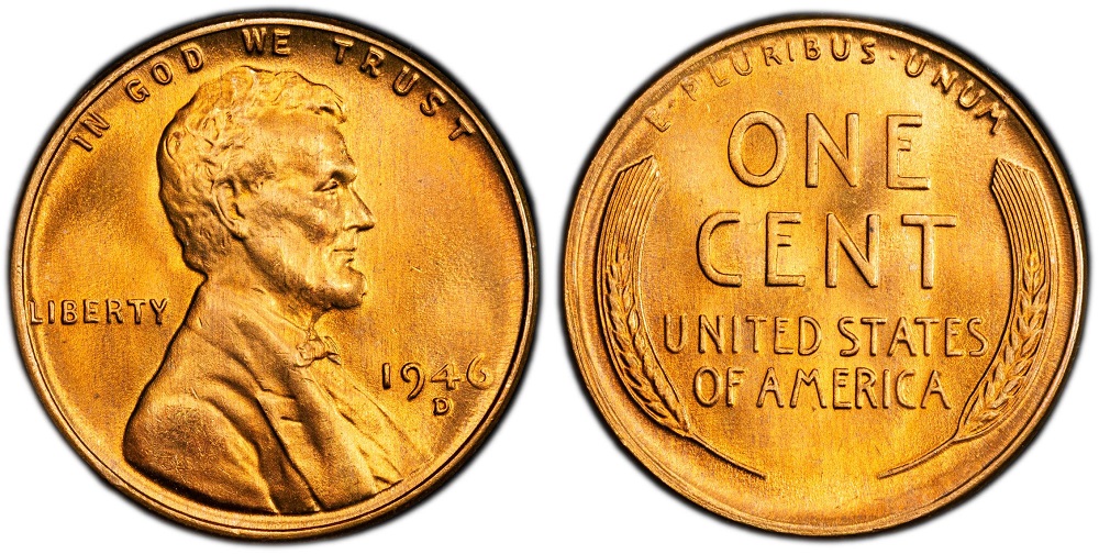 1946 wheat penny Doubled Die Reverse (DDR) under 10x magnification showing hub doubling on E PLURIBUS UNUM reverse lettering or wheat stalk tips — a collectible variety adding value above standard prices