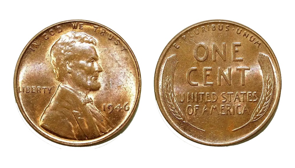 Three 1946 Lincoln Wheat Pennies from all three mints: Philadelphia (no mint mark), Denver (D), and San Francisco (S) — the last wheat pennies struck from recycled WWII shell case copper
