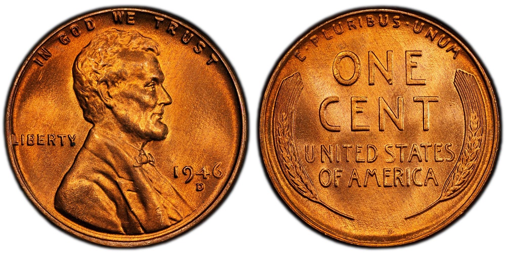 1946 Lincoln Wheat Penny grading strip showing four condition levels: worn G, circulated VF, uncirculated MS63, and gem MS65 Red for comparison